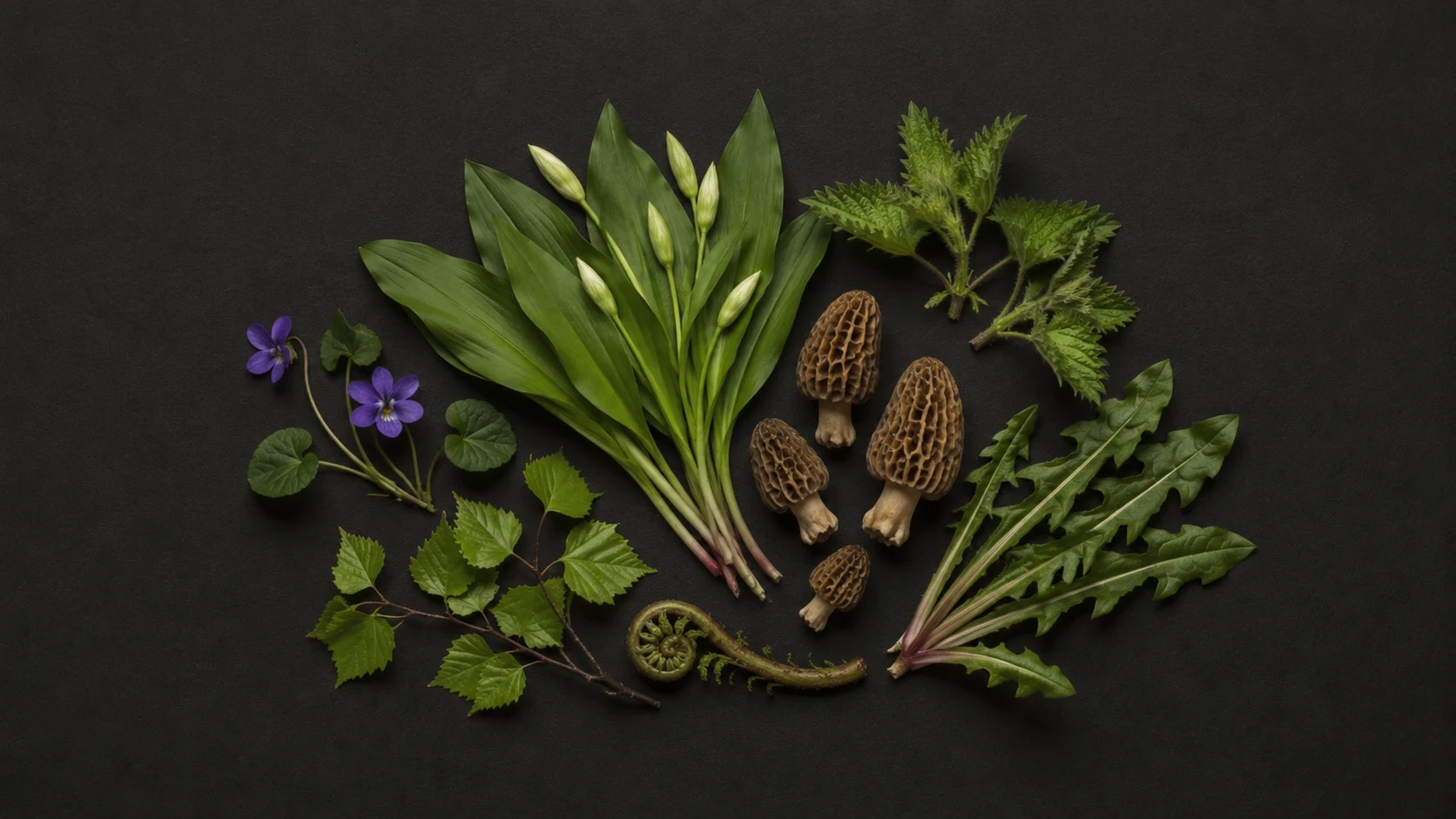 Plaque de printemps, composition sur fond sombre
