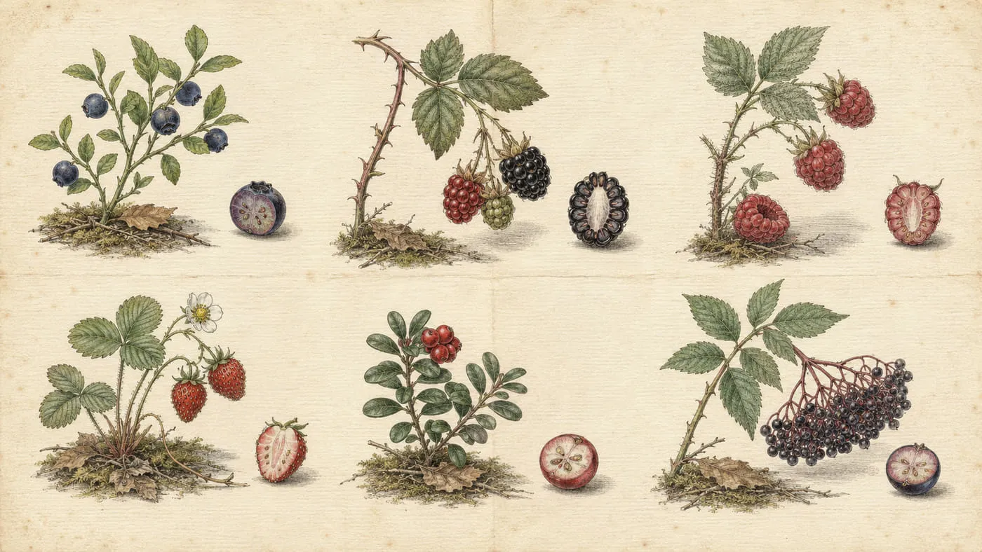 Planche d’atlas ancien : six baies sauvages de France dessinées à la main