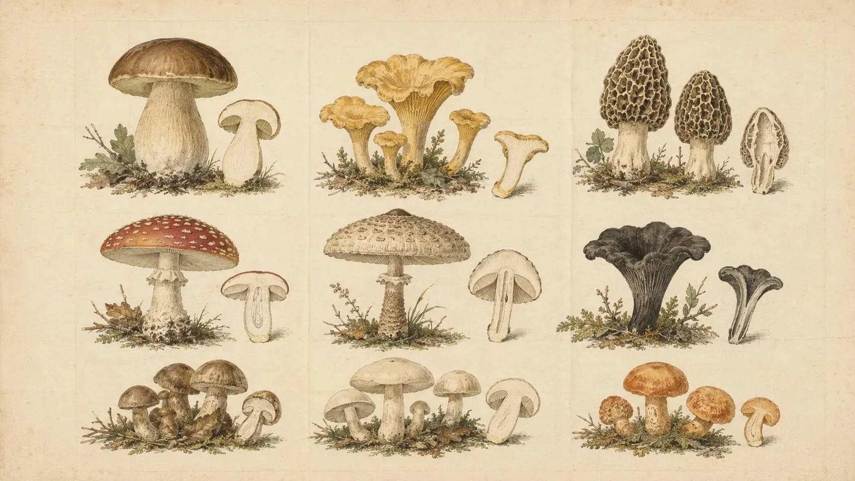 Planche d’atlas ancien : neuf champignons des forêts françaises dessinés à la main