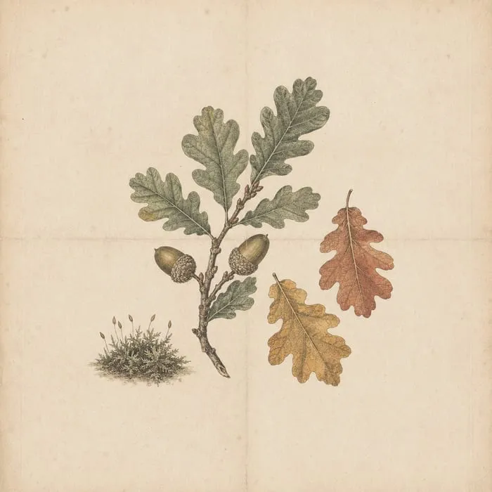 Gravure : branche de chêne et glands