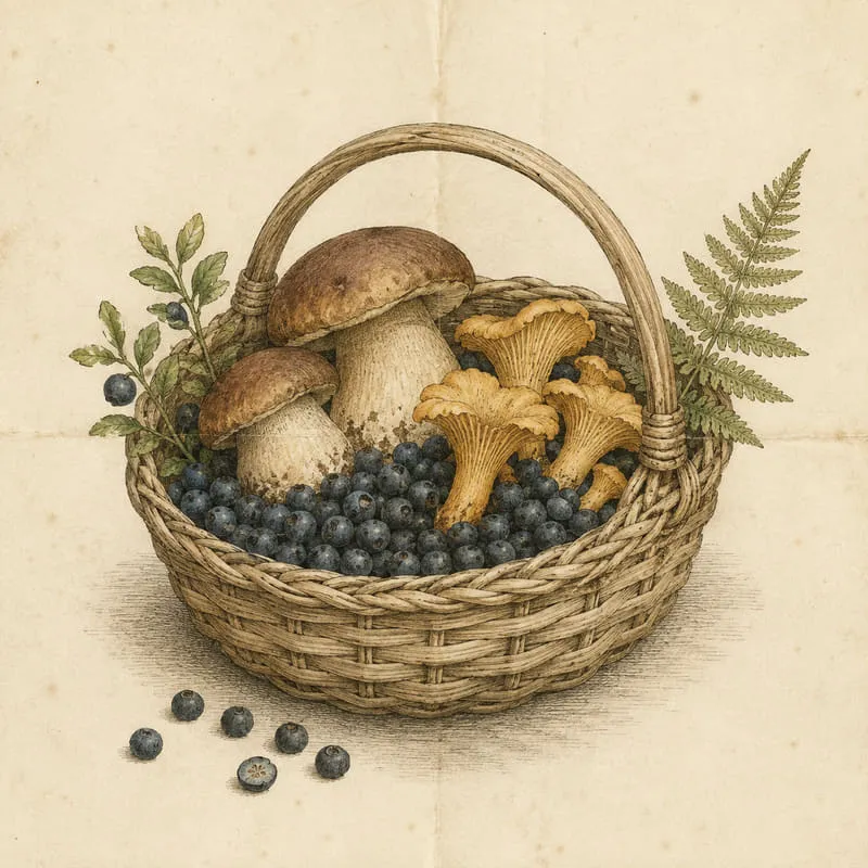 Gravure ancienne : un panier d’osier contenant ensemble des myrtilles et des champignons
