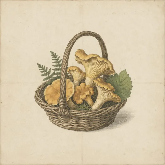 Gravure : panier en osier rempli de girolles
