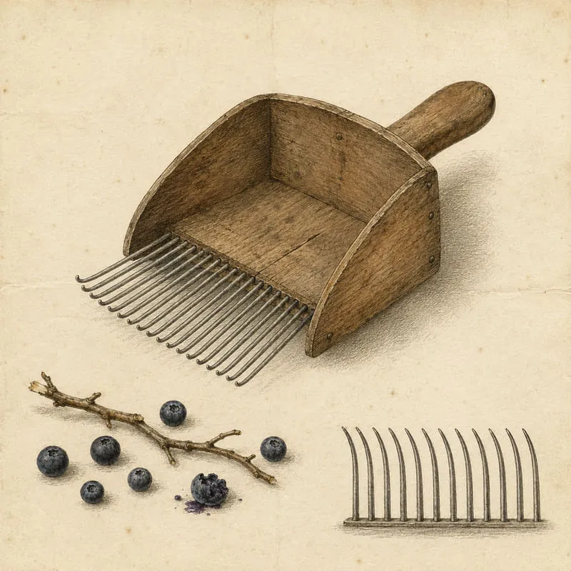 Gravure ancienne : un peigne à myrtilles en bois, à côté d’une brindille arrachée