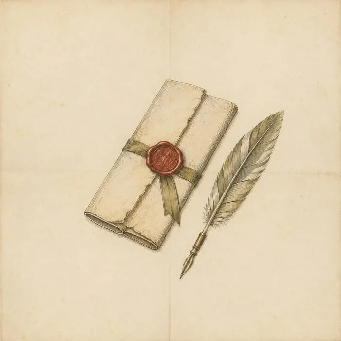 Gravure : lettre scellée à la cire rouge et plume d’oie